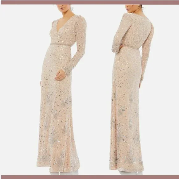NEW $598 Mac Duggal [ 10 ] Sequin Floral Embellished Long Sleeve Gown Nude #Q458